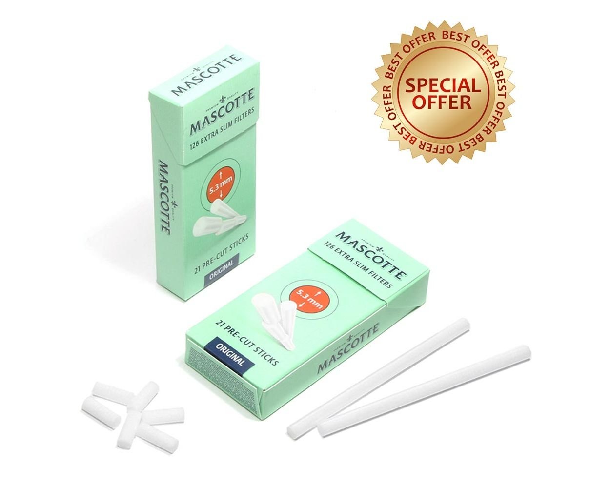 04ACWLKGCBS-1.jpg Mascotte | 5.3mm Extra Slim Premium Filter Tips | 2x 126 Pack